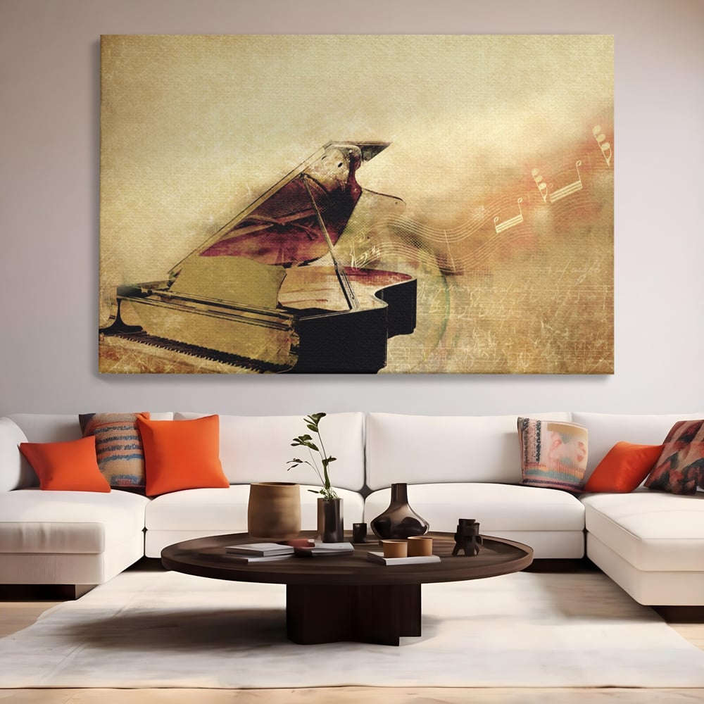 Tablou canvas cu tablou canvas cu pian vechi si note muzicale, fara rama, pe sasiu de lemn, pe perete intr-un living